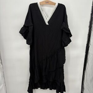 TOV Los Angeles A Symmetrical Ruffle V Neck Shirt Dress Black Womans 44‎ (XL)